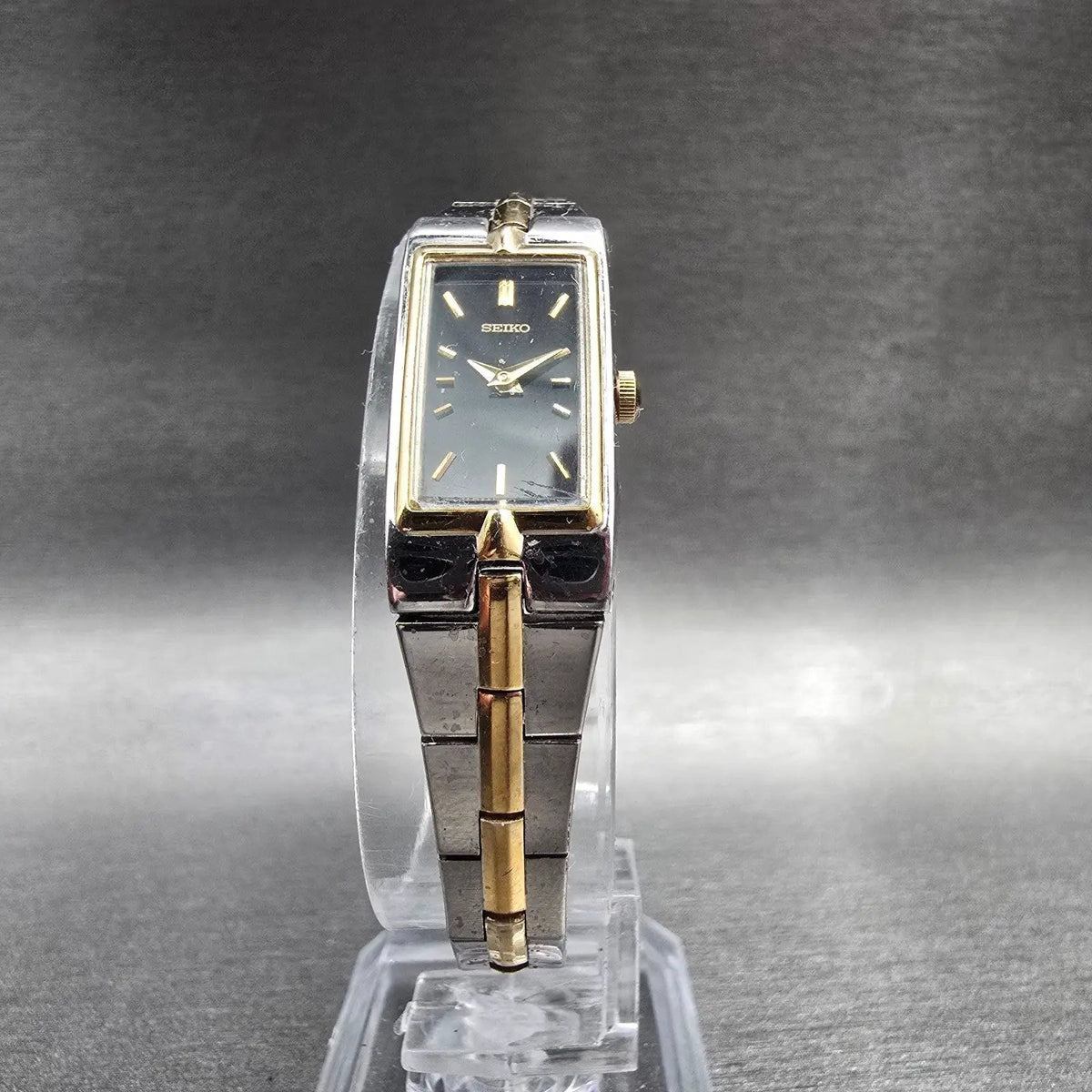 Seiko Tank Watch Women 13mm Black Dial Two Tone Rectangle 2E20-0AY0 New BatteryP5
