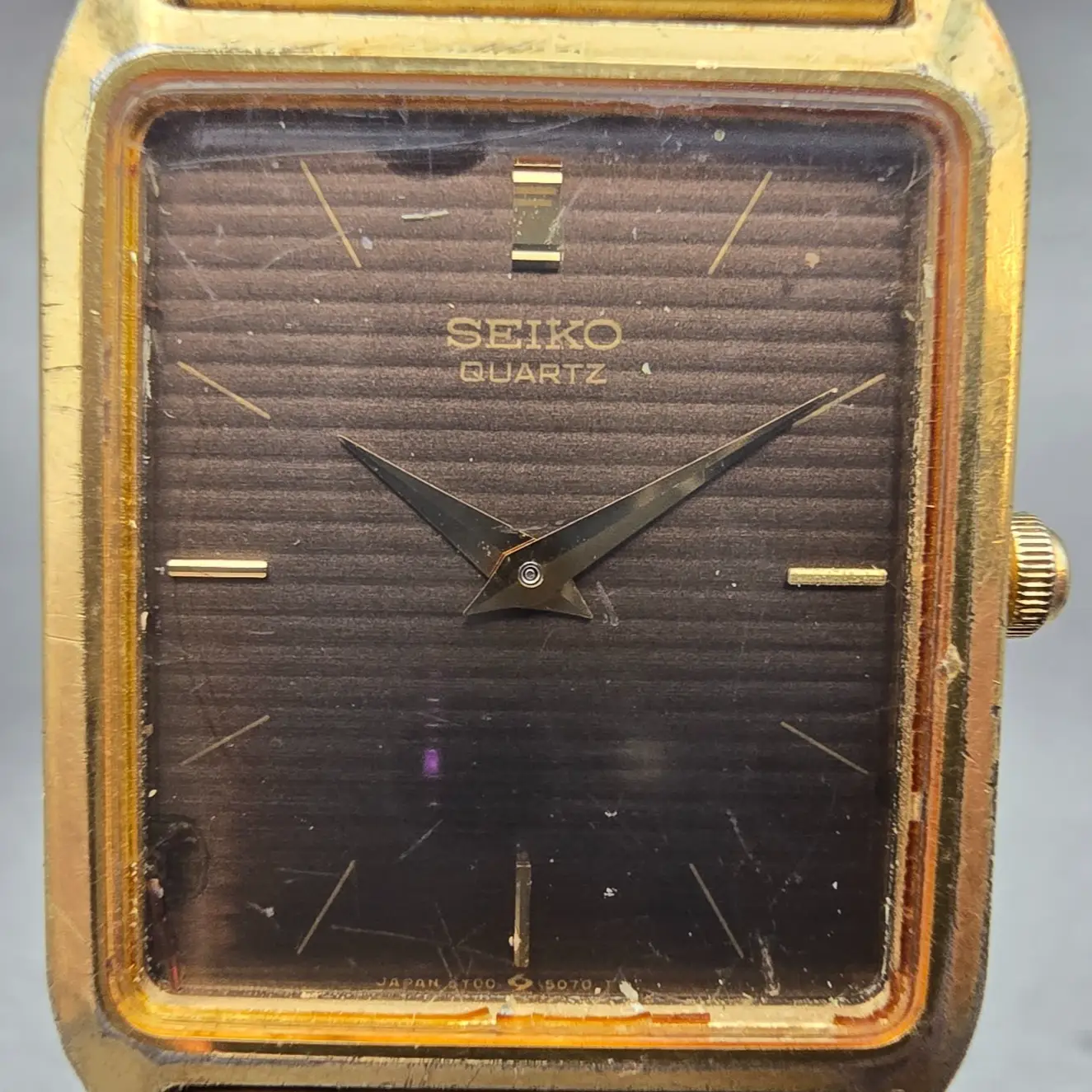 Seiko Watch Men 25mm Brown Dial Gold Tone Rectangle 5Y00-5000 New Battery VTG1