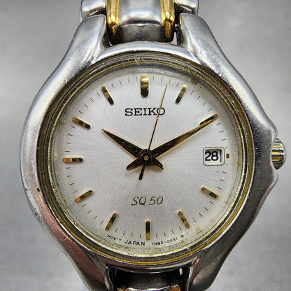 Seiko SQ 50 Watch Women 25mm White Dial Two Tone Date 7n820301 New Battery1