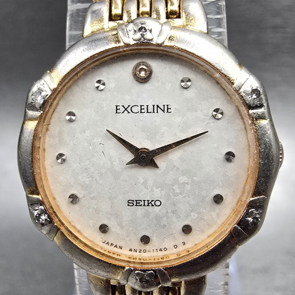 Seiko Exceline Watch Women 21mm White Dial Gold Tone Gemmed 4N20-0640 New Batt1