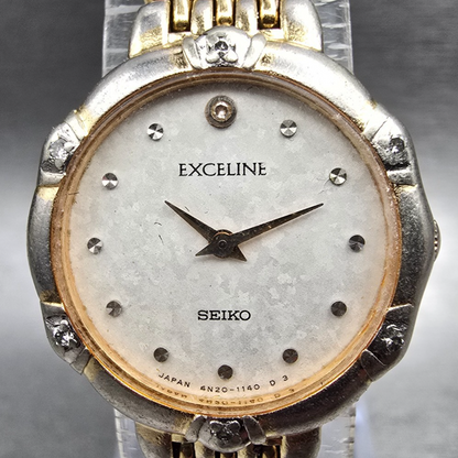 Seiko Exceline Watch Women 21mm White Dial Gold Tone Gemmed 4N20-0640 New Batt1