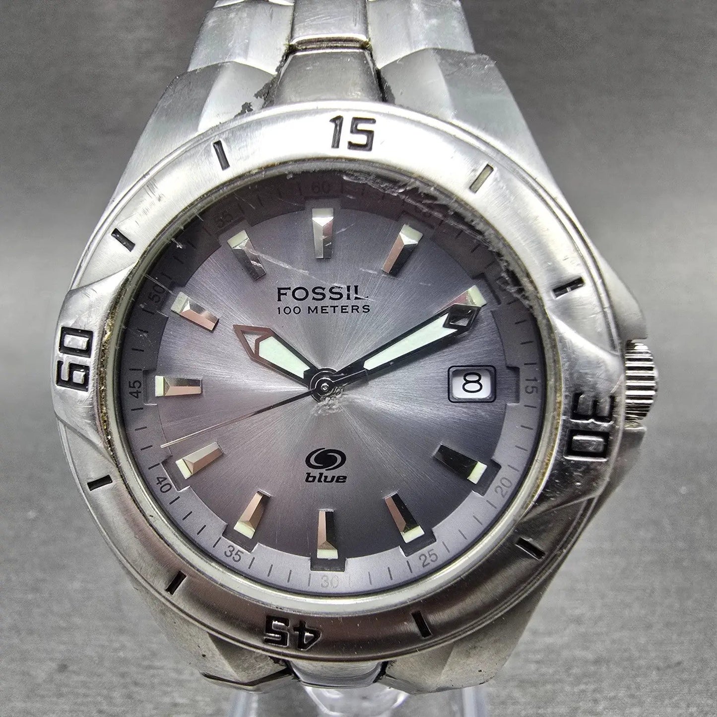 Fossil Blue Dive Watch Men 40mm Silver Dial Silver Tone Date AM-3723 New Battery0