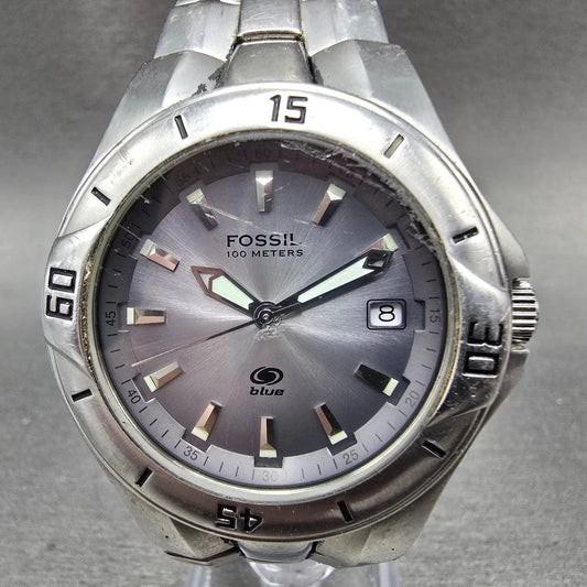 Fossil Blue Dive Watch Men 40mm Silver Dial Silver Tone Date AM-3723 New Battery0