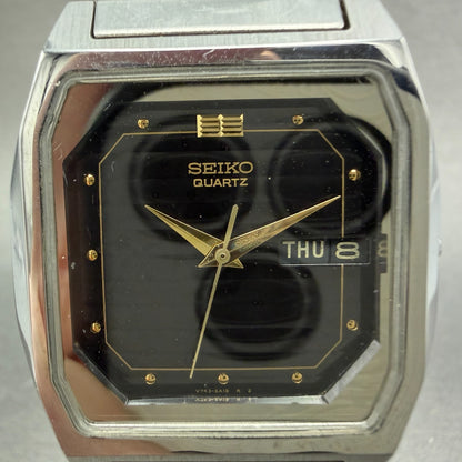 Seiko Tank Watch Men 33mm Black Dial Silver Tone Daydate V743-5A00 New Battery 11