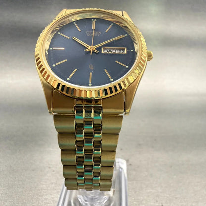 Citizen CQ Watch Men 35mm Blue Dial Gold Tone Daydate Round 1102-R12543 New Batt5