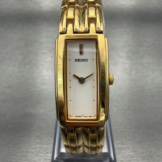 Seiko Watch Women 16mm White Dial Gold Tone Rectangle 4N00-7089 New Battery0