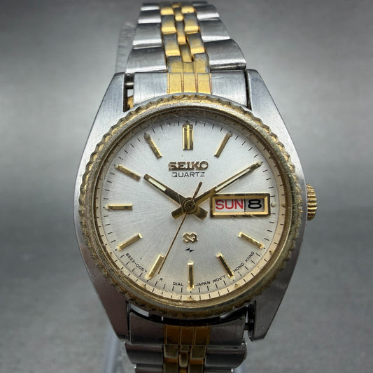 Seiko SQ Watch Women 25mm Silver Dial Two Tone Daydate Round 8523-0059 New BattR0
