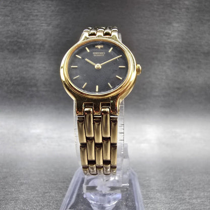 Seiko Watch Women 22mm Black Dial Gold Tone Round 1N00-0A99 New Battery VTG JP95