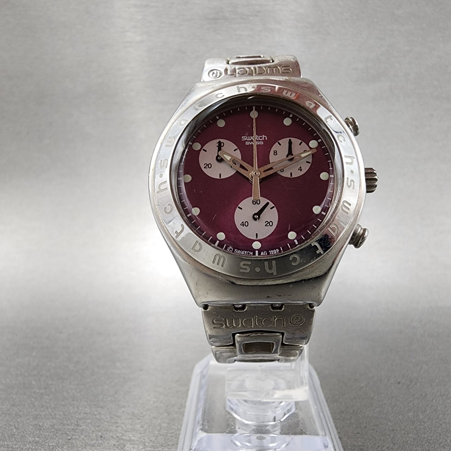 Swatch Chronograph Watch Men 35mm Purple Dial Silver Tone YMS105G New Battery5