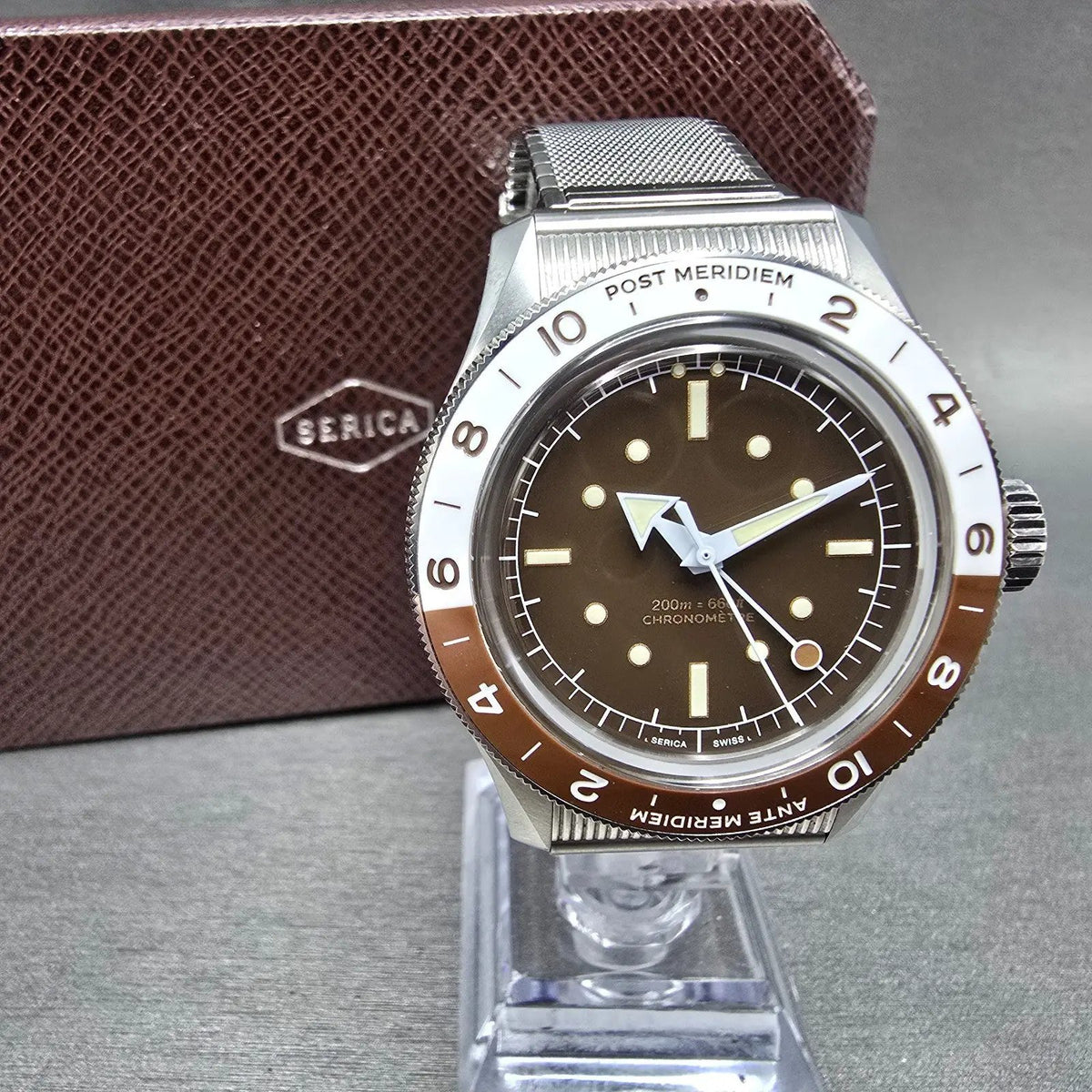 Serica Travel Chronometer Watch Men 39mm Brown Dial Steel Automatic GMT 8315-20