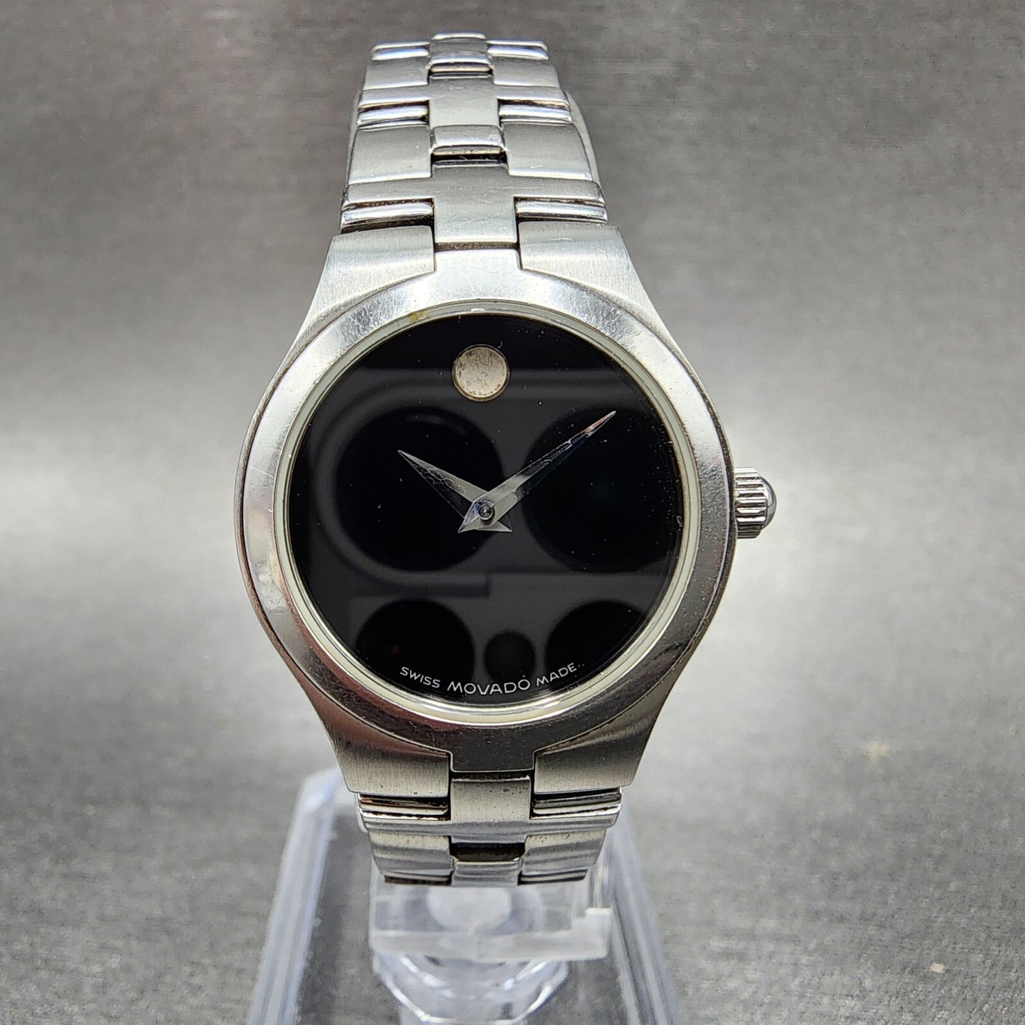 Movado Juro Watch Women 24mm Black Dial Steel Round 84 E4 1844 New Battery0