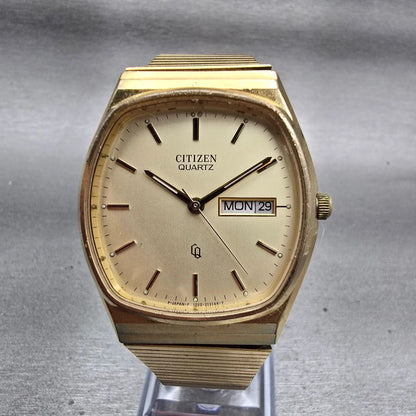 Citizen CQ Watch Men 34mm Champagne Dial Gold Tone Daydate 4-211898 New Battery0