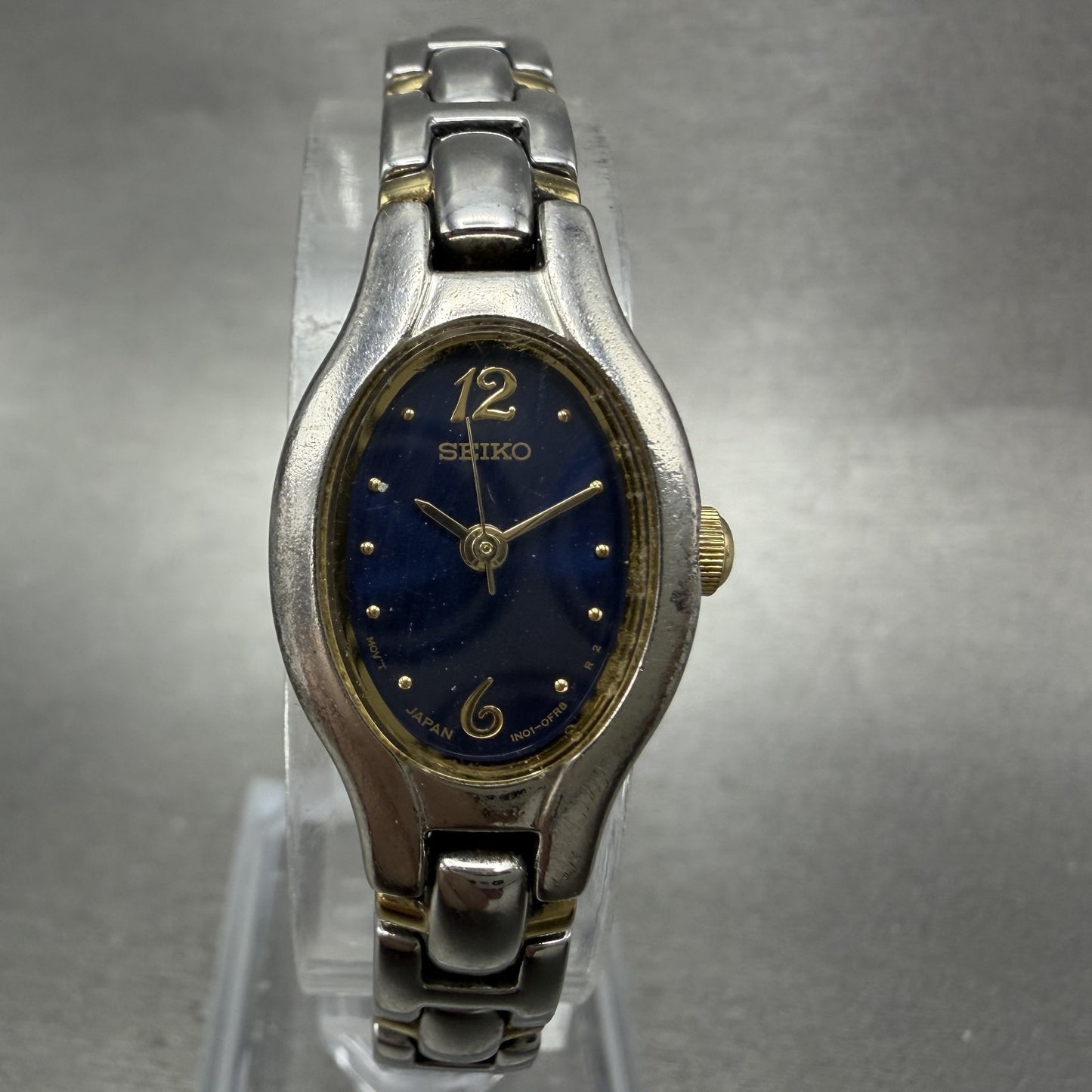Seiko Watch Women 16mm Blue Dial Two Tone Oval VTG 1N010CT0 New Battery0