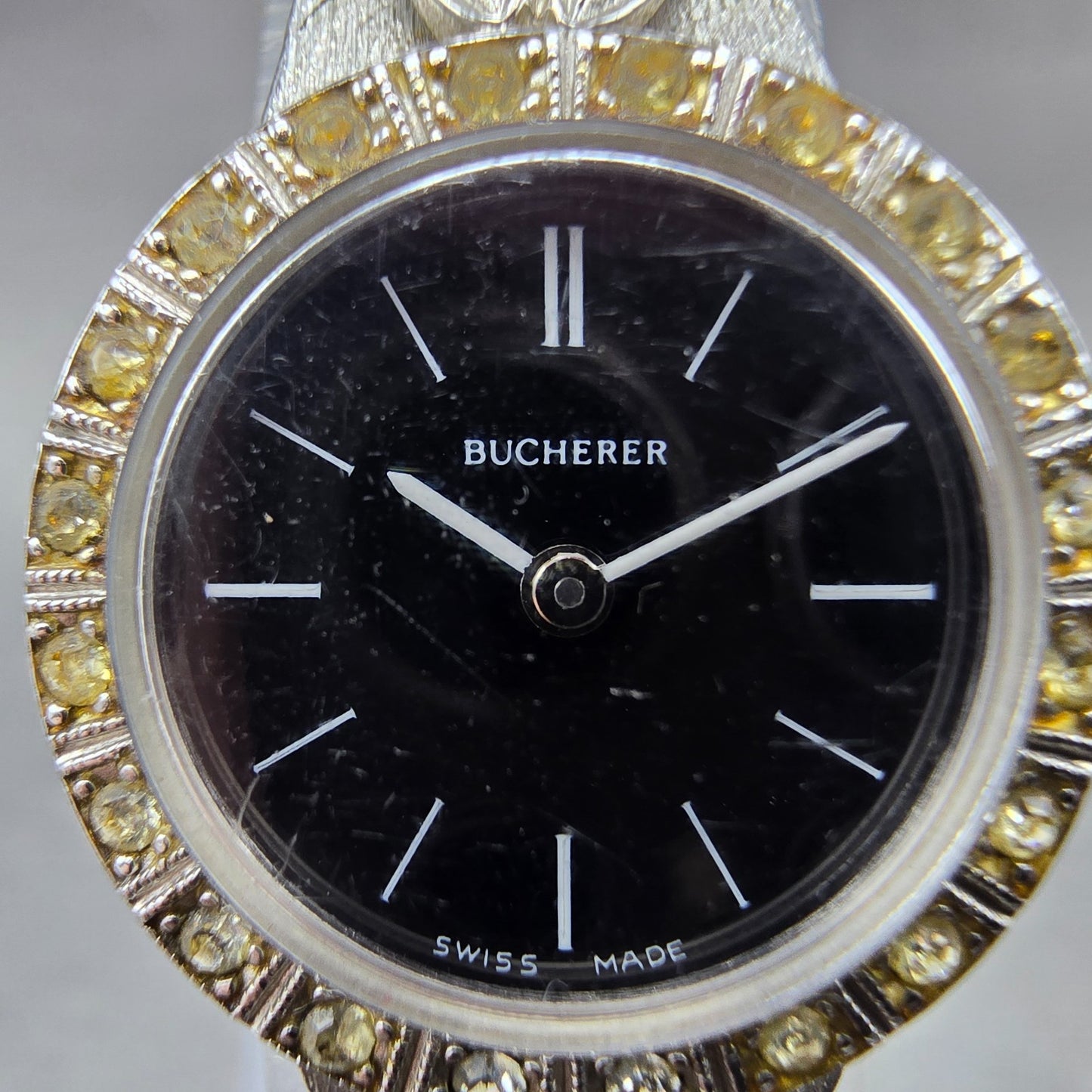 Bucherer Watch Women 20mm Black Dial Silver Tone Manual Wind Runs Gem Set Bezel1