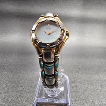 Seiko Watch Women 21mm MOP Dial Two Tone Gemmed Round 1N00-0FC0 New Battery VTG5