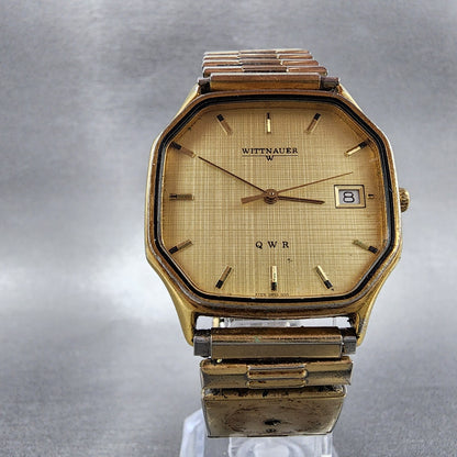 Wittnauer QWR Watch Men 33mm Champagne Dial Gold Tone Octagon Date 0255 PARTS6