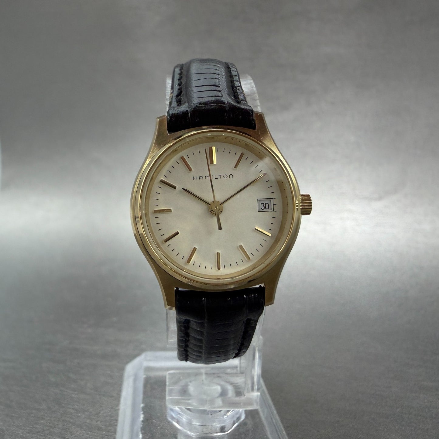 Hamilton Watch Women 24mm White Dial Gold Tone Date Round 9818 New Battery4