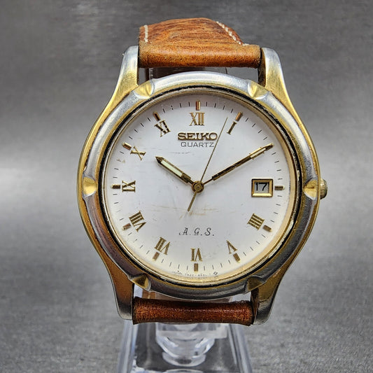 Seiko AGS Watch Men 37mm White Dial Gold Tone Date Round 7M22-8A29 PARTS
