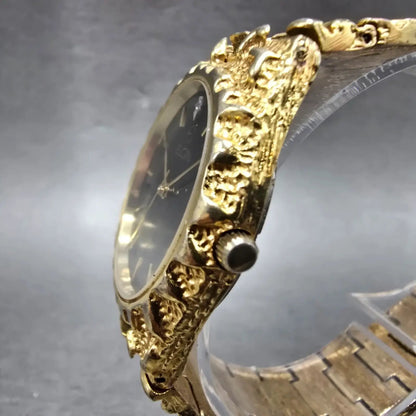 Elgin Watch Men 33mm Black Dial Gold Nugget Case Tone Round New Battery VTG2