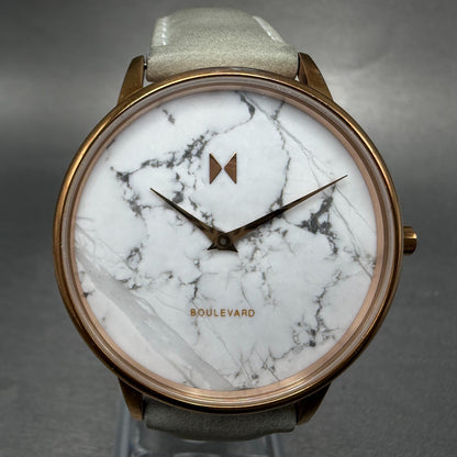 MVMT Boulevard Watch Women 38mm White Stone Dial Rose Gold Leather New Battery O0