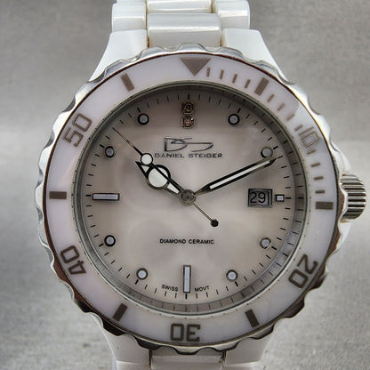 Daniel Steiger Dive Watch Women 38mm MOP Dial White Ceramic Date Round New Batt1