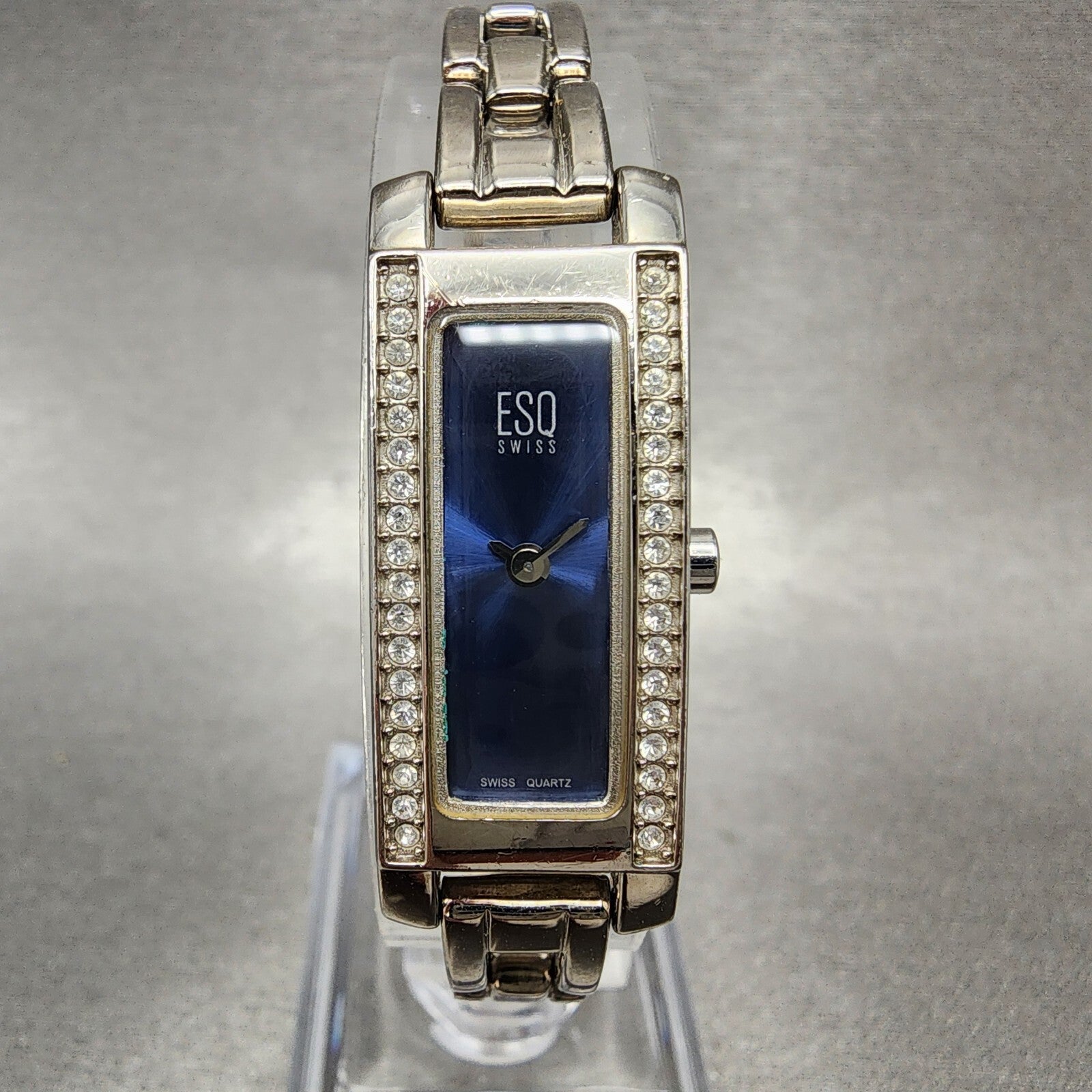 ESQ Tank Watch Women 14mm Blue Dial Silver Tone Crystal Bezel E5098 New Batt0