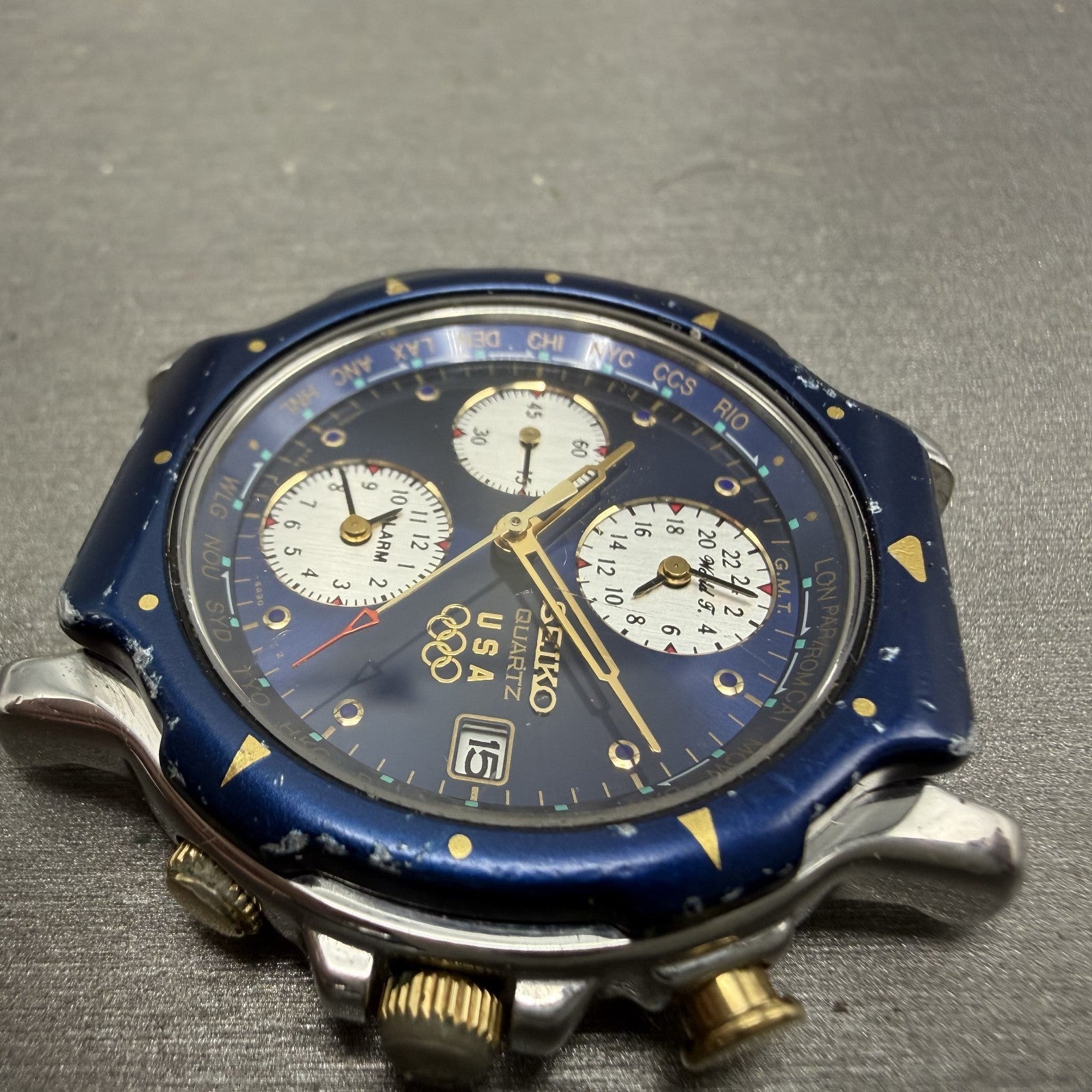Seiko Team USA World Time Watch Men 37mm Blue Silver Tone Alarm Date PARTS6