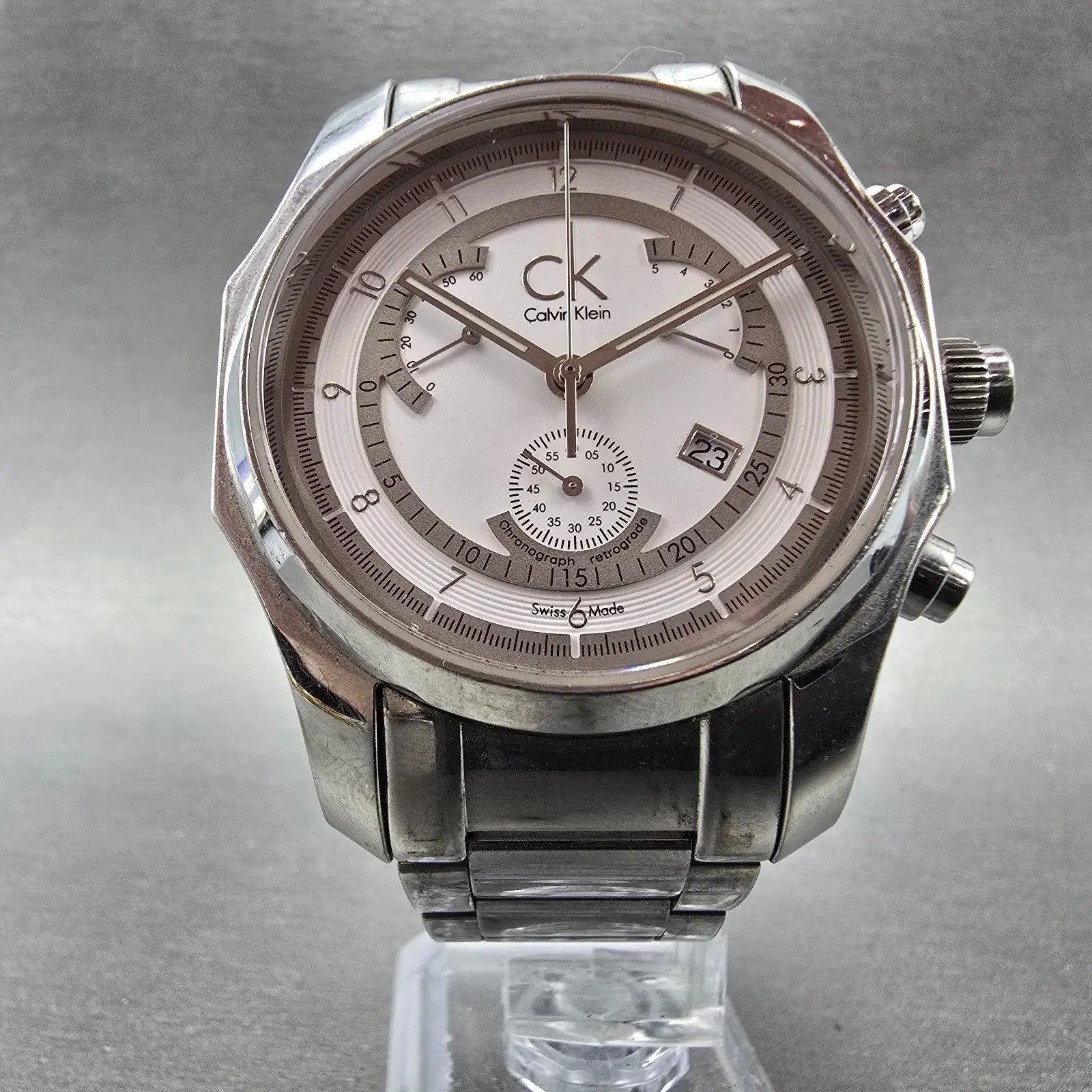 Calvin Klein Chronograph Watch Men 42mm White Dial Steel Date K77311 New Batt5