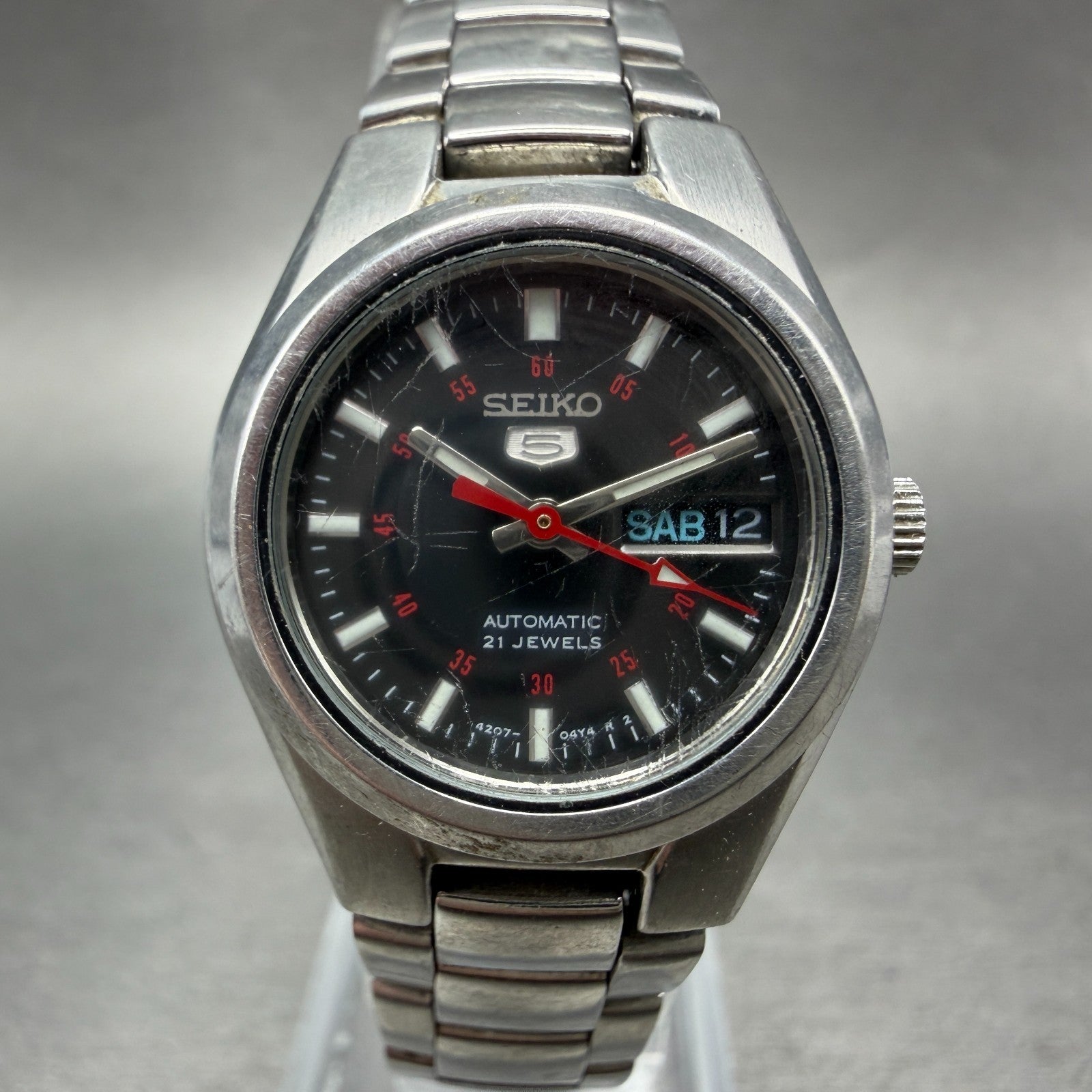 Seiko 5 Automatic Watch Women 24mm Black Dial Silver Tone Daydate 4207-0180 Runs0