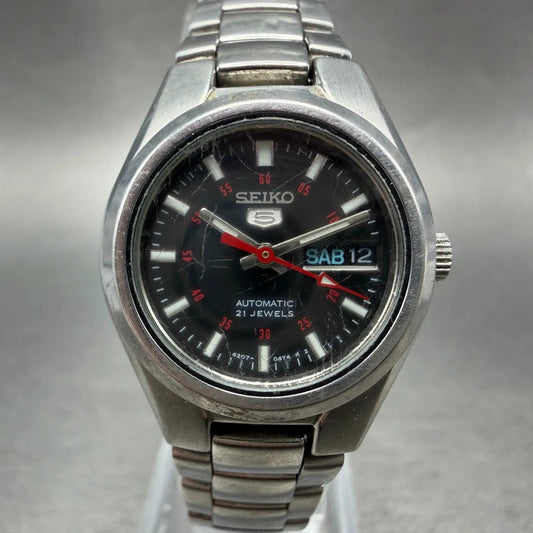 Seiko 5 Automatic Watch Women 24mm Black Dial Silver Tone Daydate 4207-0180 Runs0