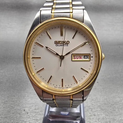 Seiko Watch Men 34mm White Dial Two Tone Daydate Round 7N43-7A50 New Battery VTG0