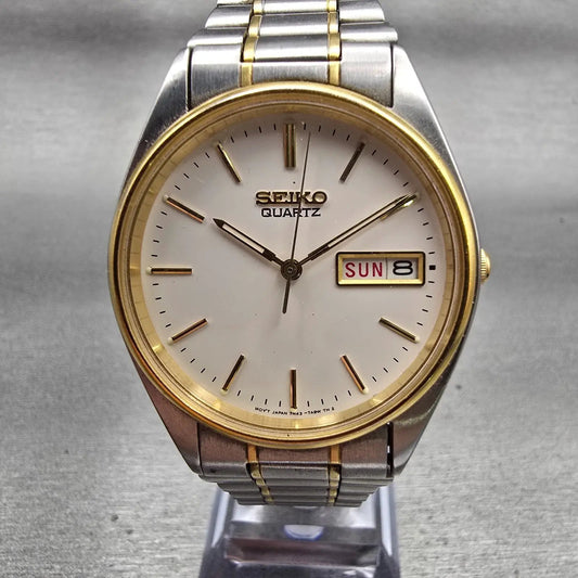 Seiko Watch Men 34mm White Dial Two Tone Daydate Round 7N43-7A50 New Battery VTG0