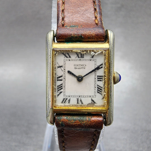 Seiko Tank Watch Women 17mm White Dial Gold Tone Rectangle READ!!!!! New Battery