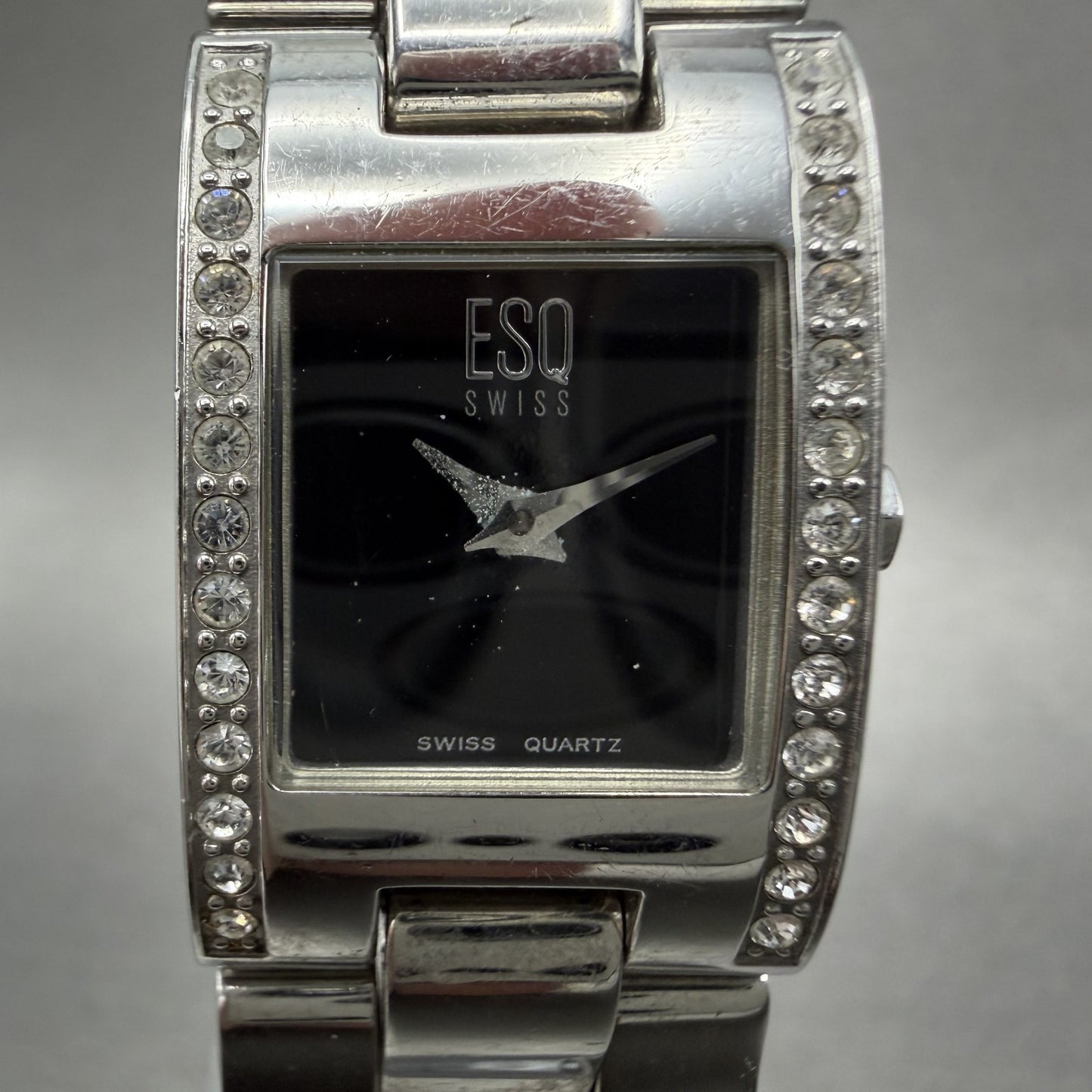 ESQ Tank Watch Women 18mm Black Dial Silver Tone Rectangle Crystals New Battery1