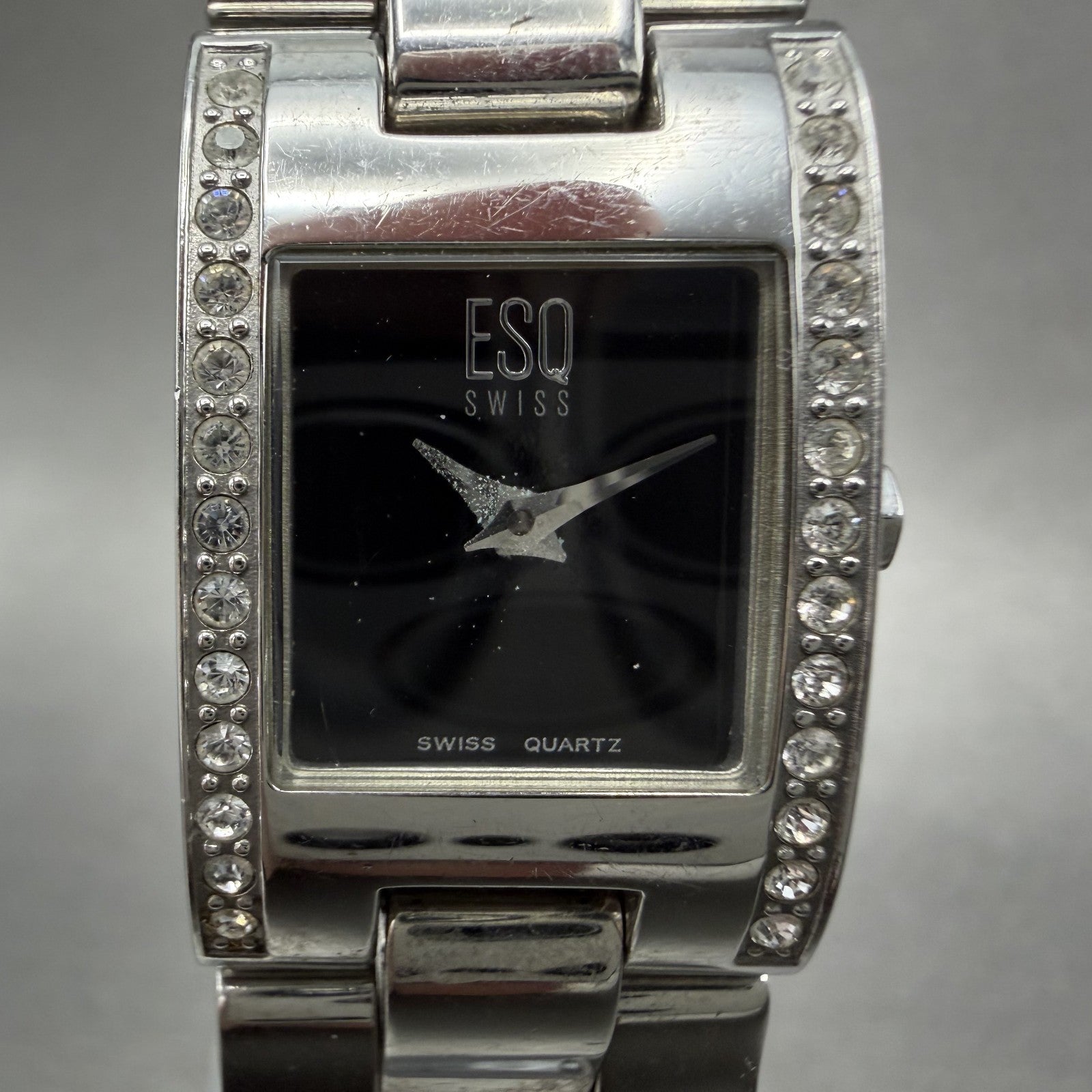 ESQ Tank Watch Women 18mm Black Dial Silver Tone Rectangle Crystals New Battery1
