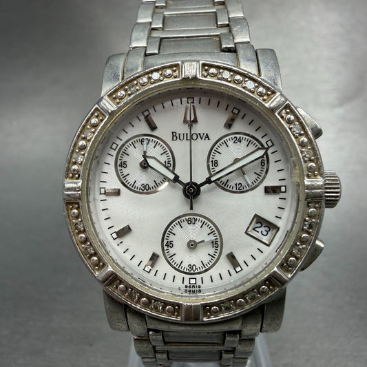 Bulova Chronograph Watch Women 30mm White Dial Silver Tone Date 96R19 New BattVE0