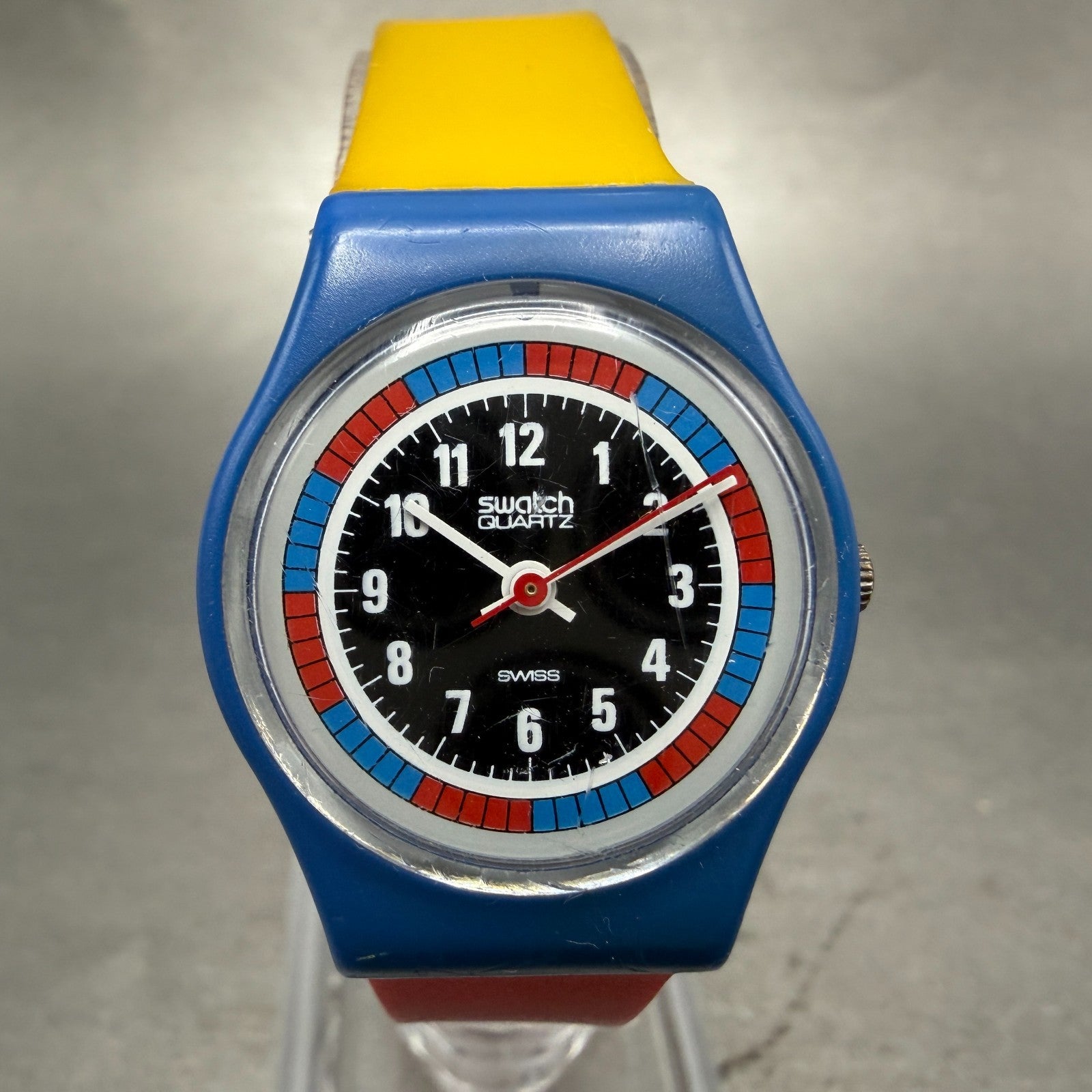 Swatch Tri-Color Racer Watch Women 25mm Black Dial Blue Yellow Red LS102 New bat0