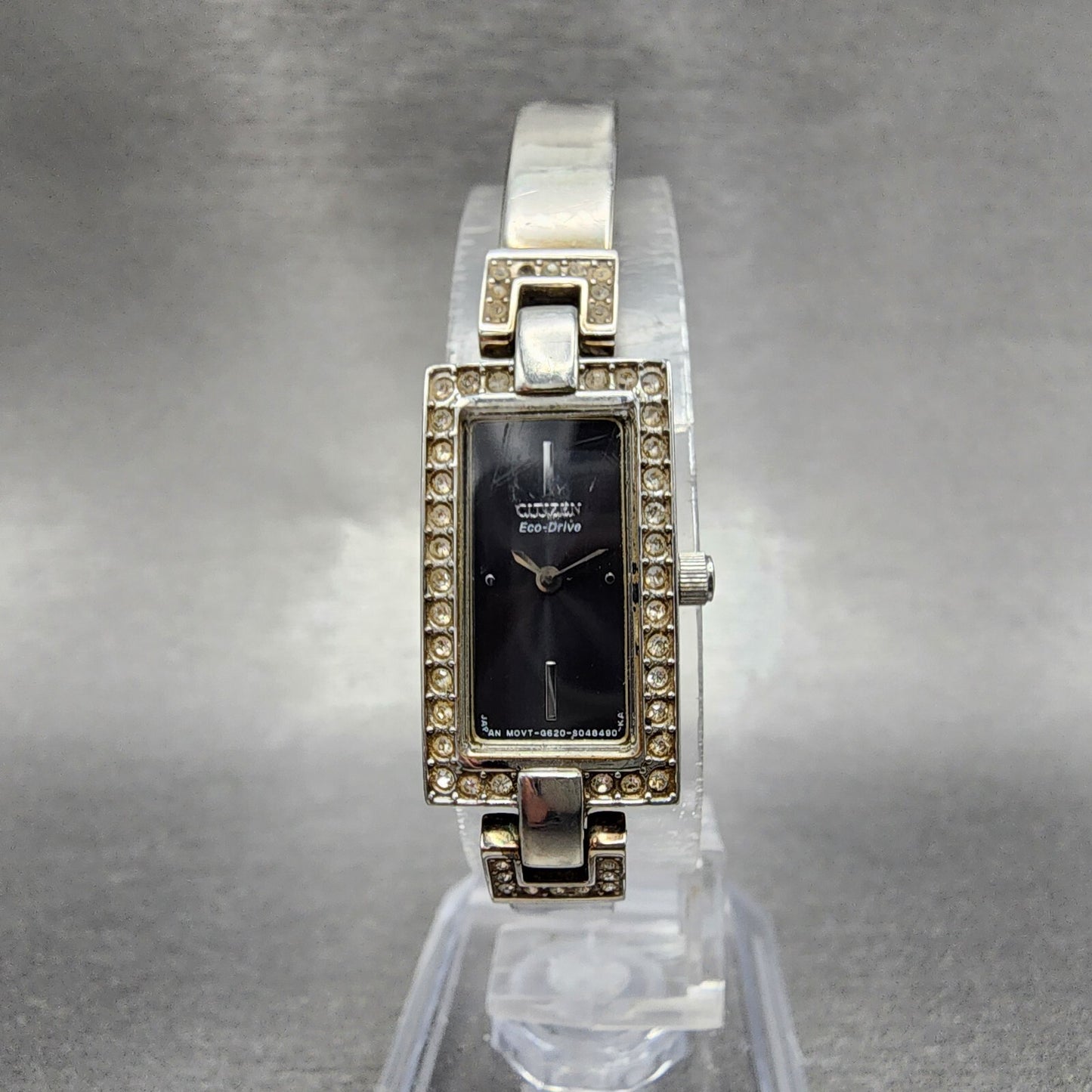 Citizen Eco-Drive Tank Watch Women 14mm Black Dial Steel Rectangle Crystals Runs