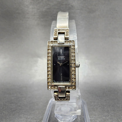 Citizen Eco-Drive Tank Watch Women 14mm Black Dial Steel Rectangle Crystals Runs