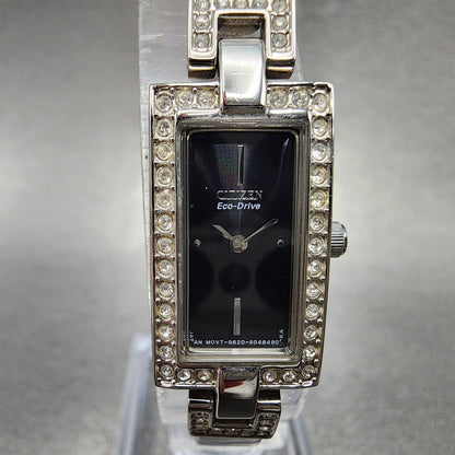 Citizen Eco-Drive Tank Watch Women 14mm Black Dial Steel Rectangle Crystals Runs
