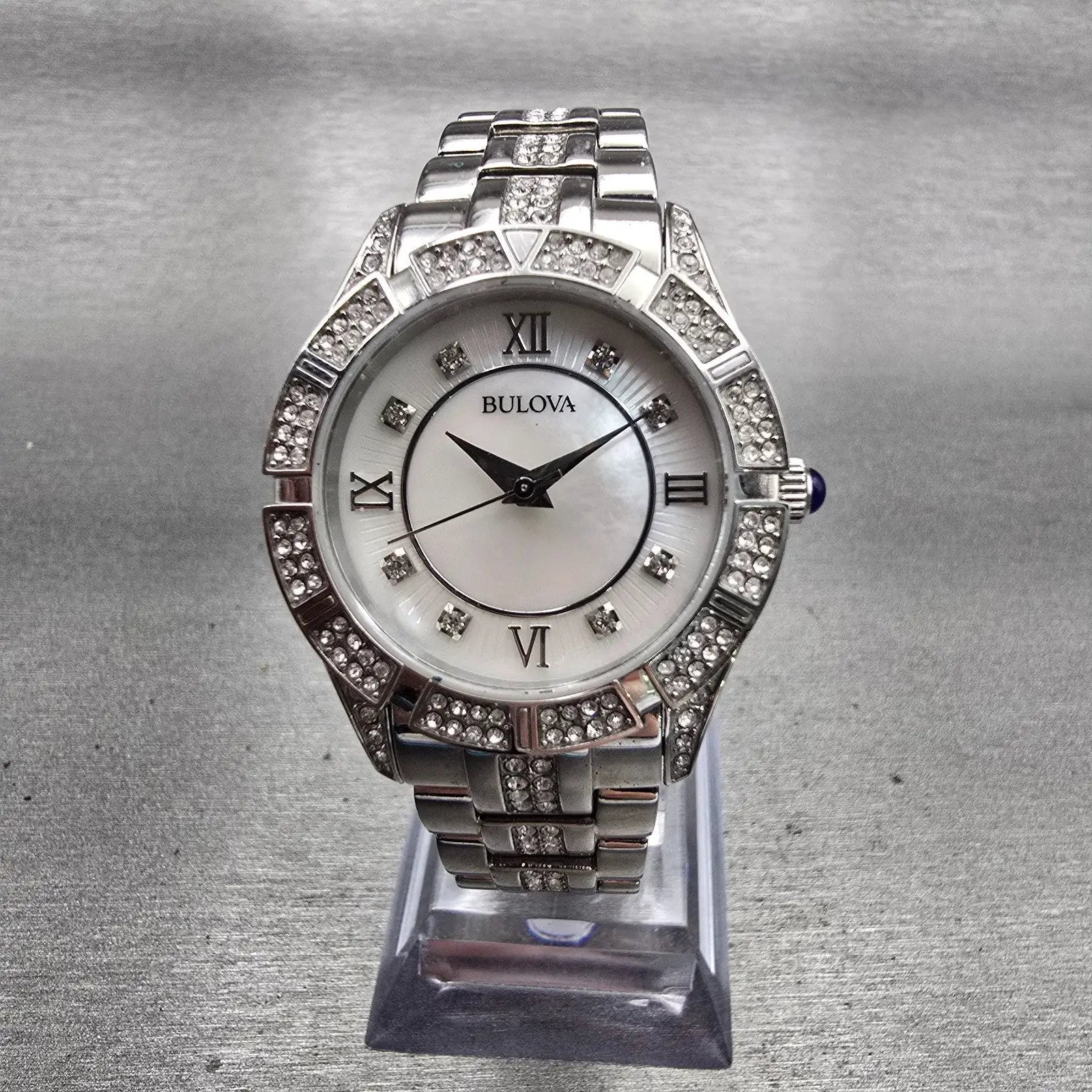 Bulova Watch Women 30mm MOP Dial Silver Tone Gemmed Round 96L116 New Battery0