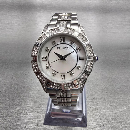Bulova Watch Women 30mm MOP Dial Silver Tone Gemmed Round 96L116 New Battery0