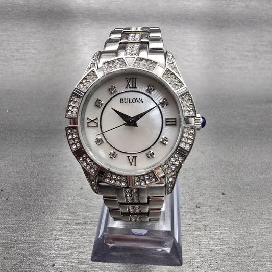 Bulova Watch Women 30mm MOP Dial Silver Tone Gemmed Round 96L116 New Battery0