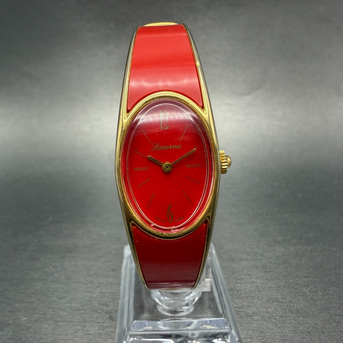 Lucerne bangle Watch Women 18mm Red Dial Gold Tone Oval Manual  Wind Runs VTG0