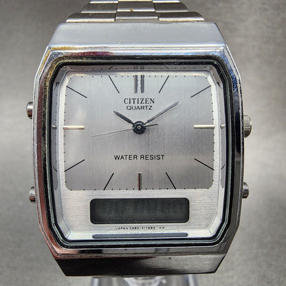 Citizen Analog Digital Watch Men 32mm Silver Dial Silver Tone Rectangle New Batt
