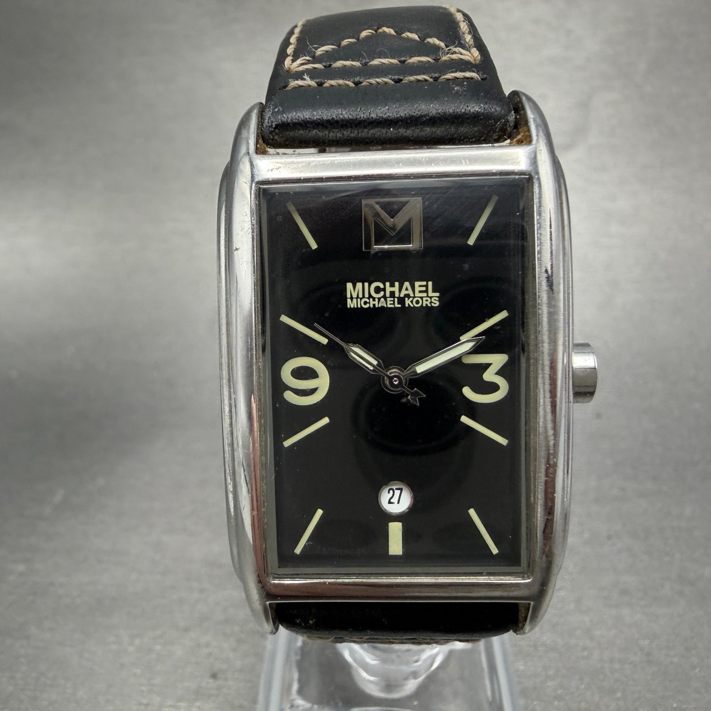 Michael Kors Watch Women 27mm Black Dial Silver Tone Rectangle MK-6011 New BattQ0