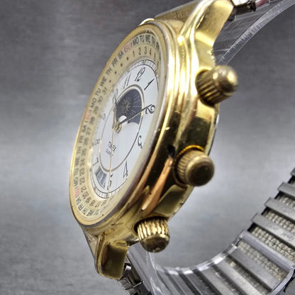 Timex Sun&Moon Watch Men 37mm White Dial Gold Tone Daydate Round New Battery VTG2