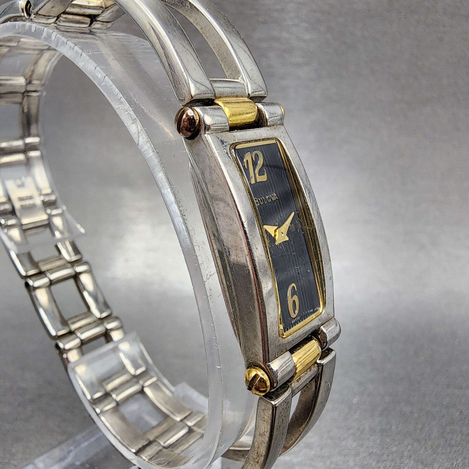 Bulova Watch Women 14mm Black Dial Two Tone Rectangle 98T18 New Battery3