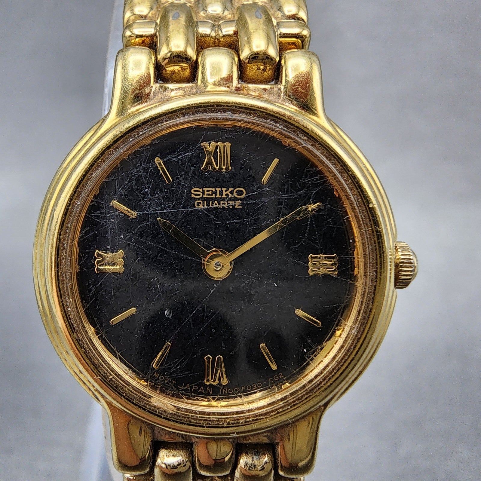 Seiko Watch Women 22mm Black Dial Gold Tone Round 1N00F030 New Battery1