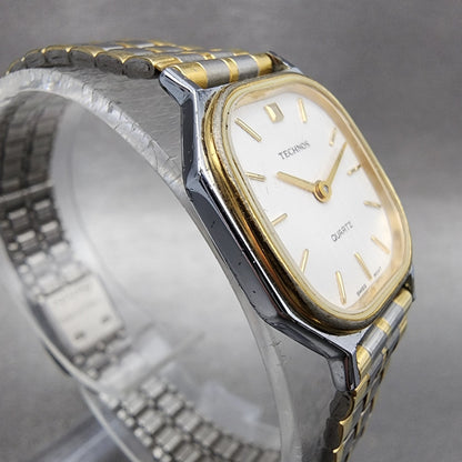 Technos Tank Watch Women 21mm White Dial Two Tone Rectangle New Battery3